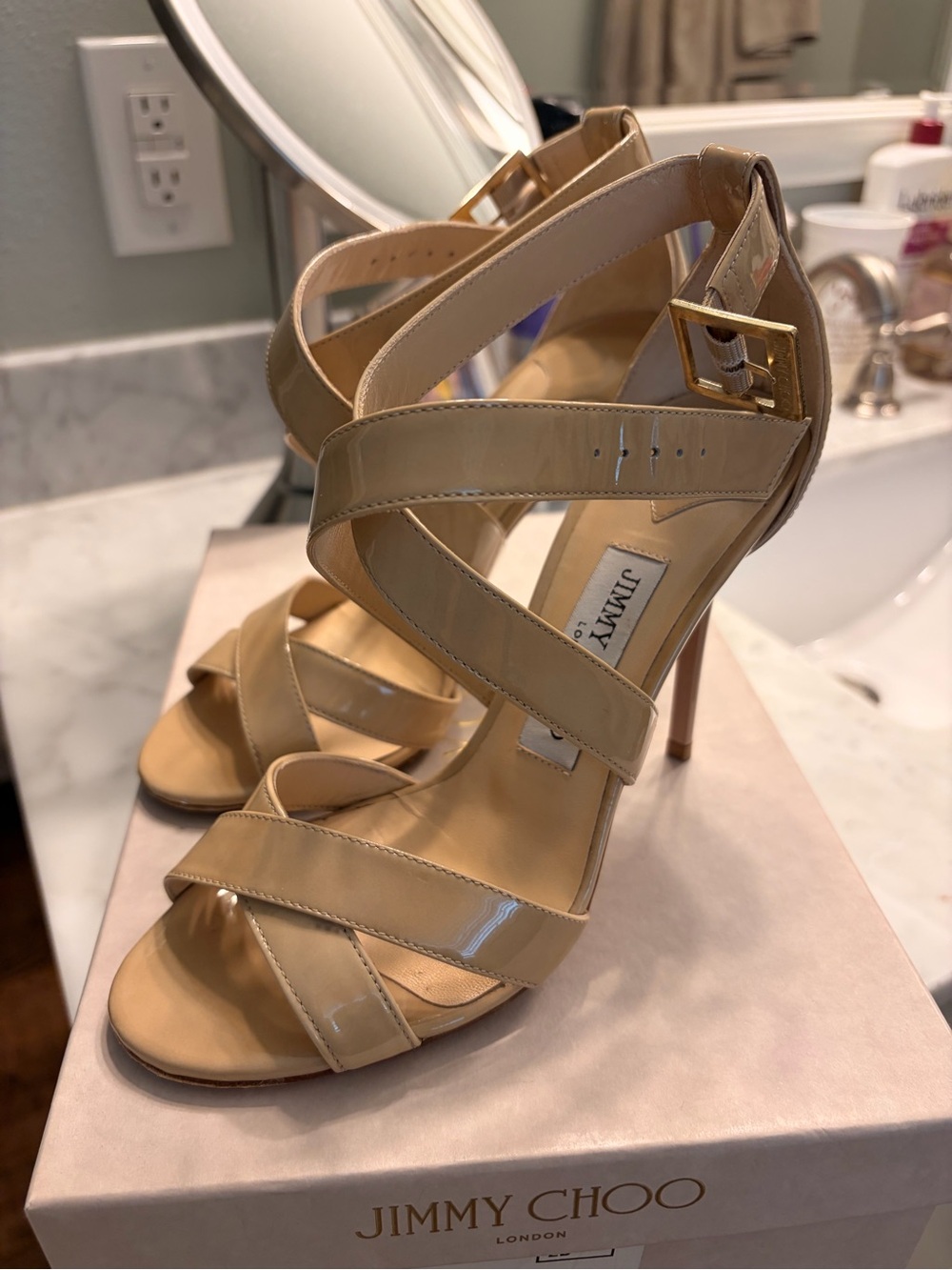 Jimmy Choo Lottie Patent Nude Strappy Stiletto Sandal - Picture 5 of 8